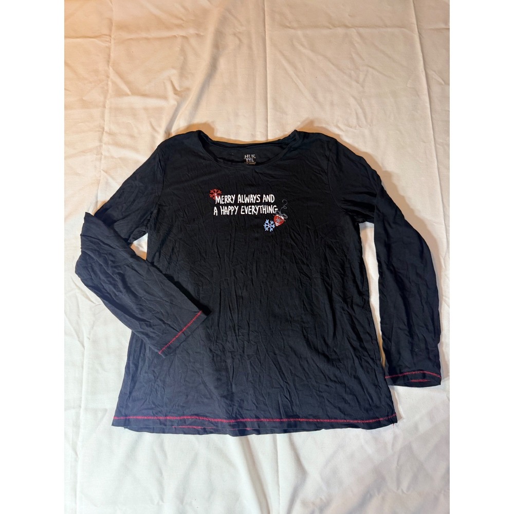 Hue Womens XL Pajama Top Black Holiday Merry Always Long Sleeve Sleep Shirt